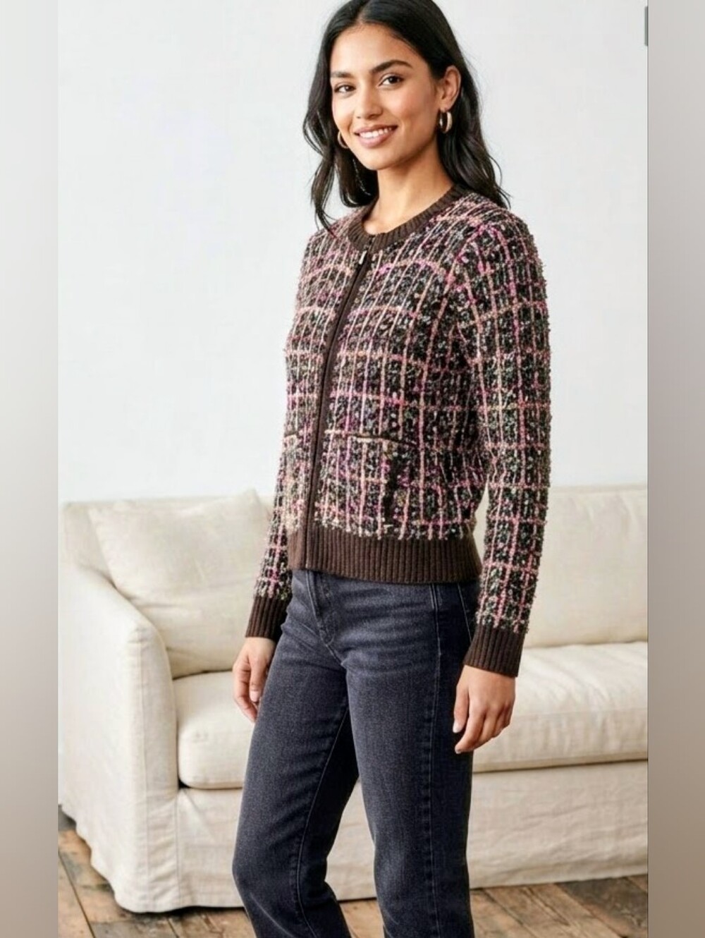 Alia Black Tweed Zip Cardigan Jacket Pink Accents Boucle Knit Coquette